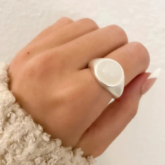 925 Sterling Silver Circle Ring Moonstone Ring Silver Matte Ring Minimalist Ring - Picture 1 of 9